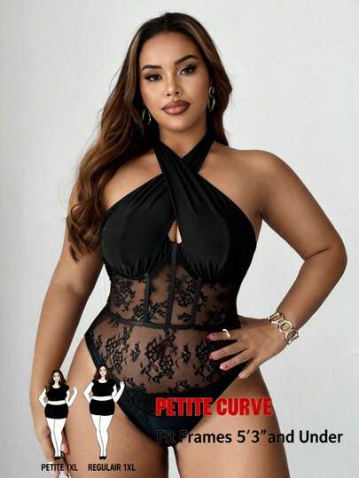 SHEIN PETITE CURVE Plus Size Women's Spring/Summer Black Lace Sexy Hollow Out Elastic Casual French Style Knit Versatile Comfortable Layering Top, Elegant Sexy Outfit For Young Ladies