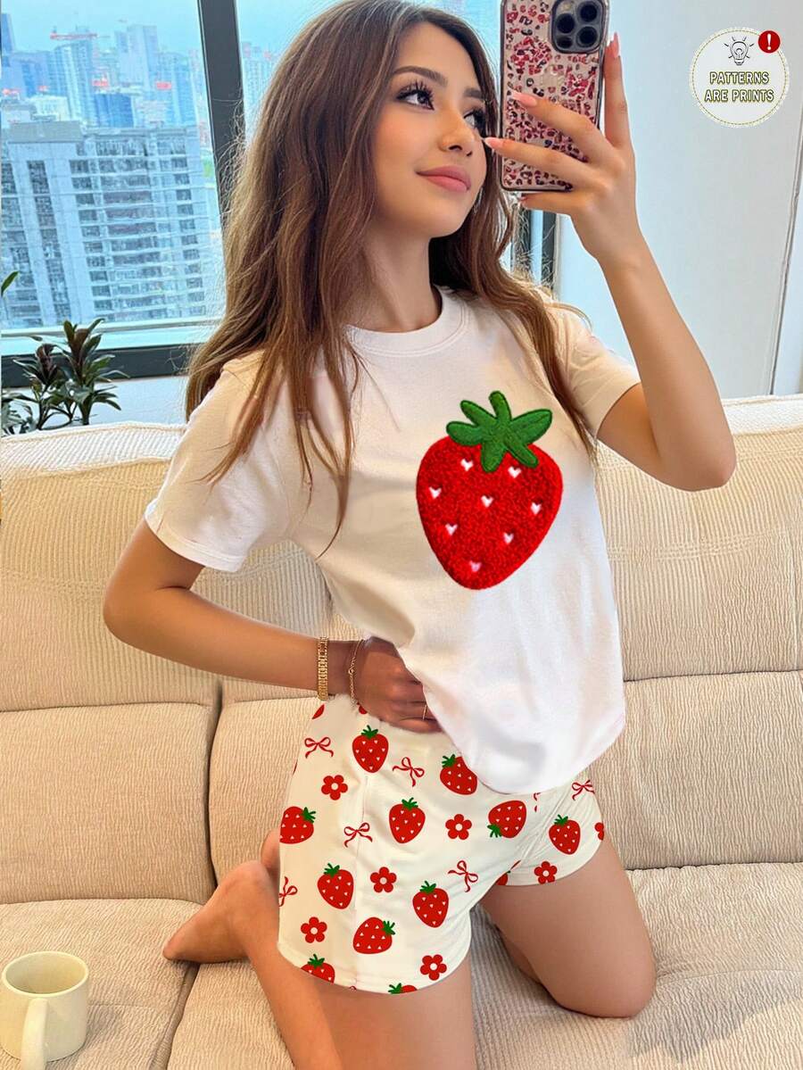 少女休闲可爱草莓图案,迷你波点蝴蝶结,草莓,花卉印花,复古美式风格,休闲圆领短袖短裤睡衣,适合夏季,舒适的春夏款式,图案,可爱,印花,Y2K,柔软舒适,轻松自在,舒适,北欧自然风,清新春日色调,农场印花,野餐花卉主题,派对造型 - 彩色 - 查看 1