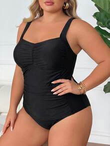 SHEIN CURVE+ Conjunto de tankini de baño de talla grande para mujer de unicolor con pliegues - Negro - Ver 3