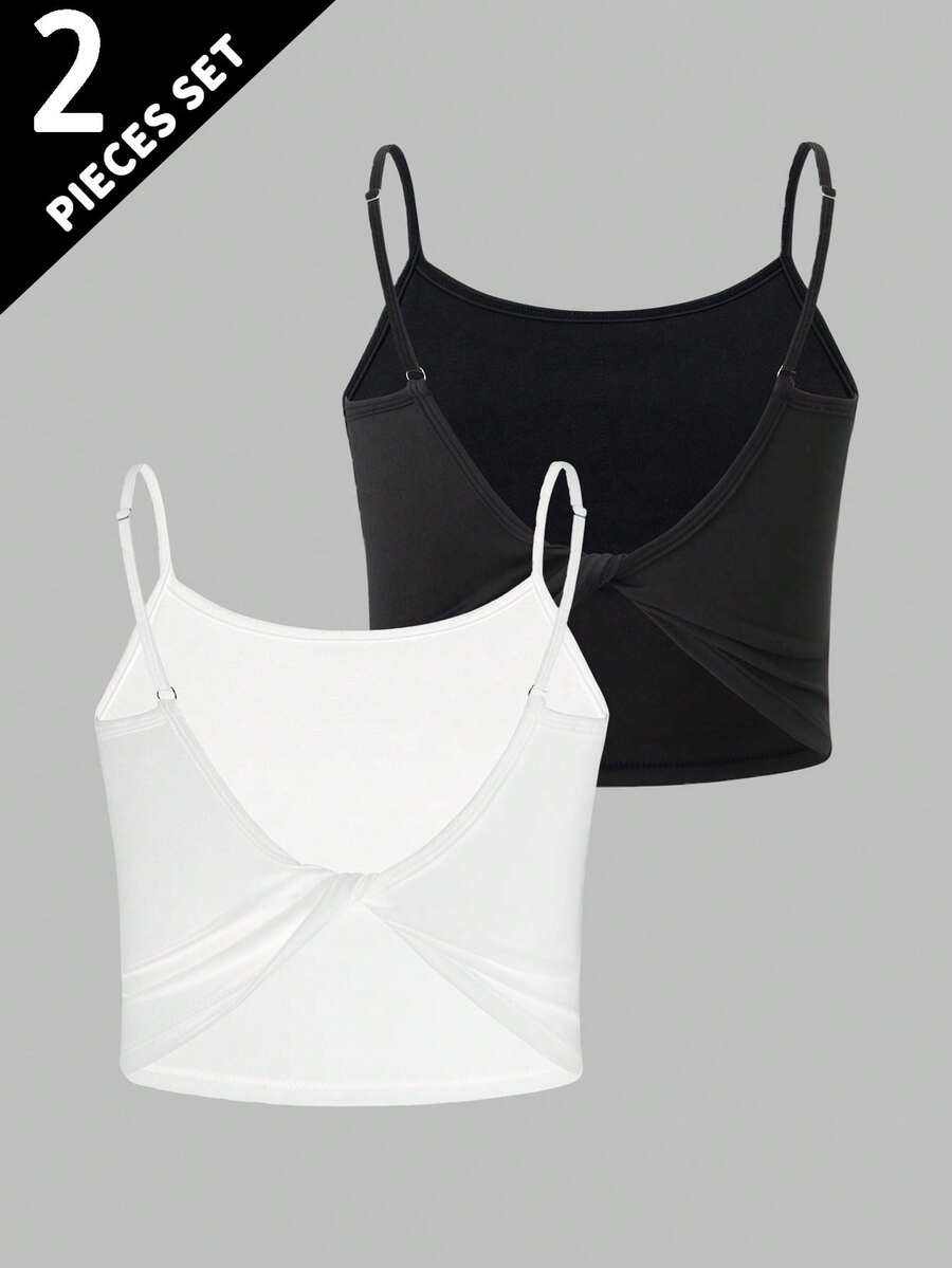 Set de 2 piezas de ropa interior para niñas con copas de algodón desmontables, negro y blanco, versátil - Multicolor - Ver 1