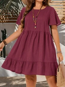 EMERY ROSE Plus Size Vacation Casual Solid Color Short Sleeve Dress,Summer Outfits For Women,Easter Women,Bohemia,Rave Outfit Curve, Country Concert - Red Violet - View 3