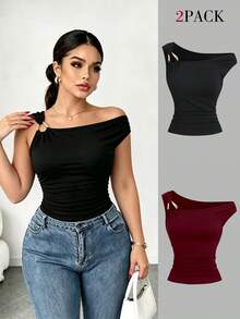 Elenzga Plus Size 2pcs/Set Asymmetric Collar Fitted T-Shirt, Versatile Casual Top, Spring/Summer - Multicolor - View 1