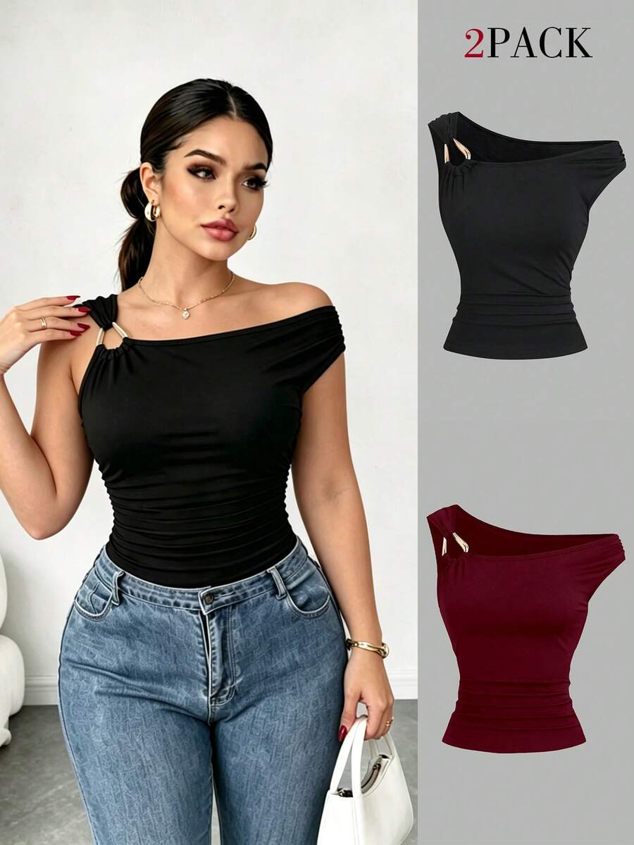 Elenzga Plus Size 2pcs/Set Asymmetric Collar Fitted T-Shirt, Versatile Casual Top, Spring/Summer - Multicolor - View 1