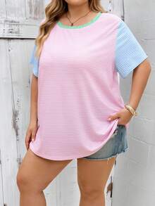 SHEIN CURVE+ Áo thun nữ cỡ lớn CURVE PLUS /Ngày Valentine/Áo thun nữ kẻ sọc lấp lánh và in họa tiết, họa tiết toàn thân, phù hợp cho mùa hè, Ngày Valentine, hoa hồng, trái tim, chấm bi, tình yêu, môi, thần Cupid, hoa 3D. - Nhiều màu - Xem 5