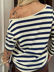 DAZY Women's Loose Fit Asymmetrical Shoulder Striped T-Shirt - Yellow - View 3