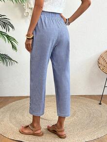 Balvessa Quần harem cạp chun màu xám trắng kẻ sọc dọc, có túi, hiệu EMERY ROSE, kiểu dáng cổ điển, phù hợp cho sinh hoạt hàng ngày, ở nhà và ngoài trời. - Màu xanh hải quân - Xem 2
