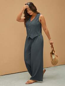 Elaquor Plus Size Casual Solid Color Vest And Pants 2 Pieces Set - Dark Grey - View 5