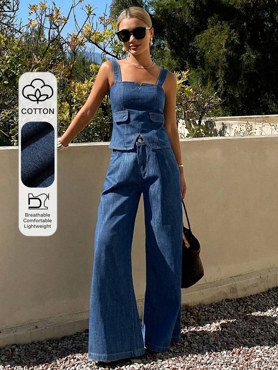 DAZY Conjunto de top con peto de mezclilla y pantalones anchos y sueltos de mezclilla casual para mujer - Azul lavado oscuro - Ver 1