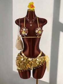 Amplova Bộ đồ bơi 3 món dành cho nữ với chi tiết sao biển và vỏ sò, áo bikini, váy đính hạt, gợi cảm và phá cách cho kỳ nghỉ, lễ hội âm nhạc, đồ bơi đi biển mùa xuân/hè mới về, trang phục đi nghỉ mát, trang phục lễ hội mùa hè, quần áo tập gym nữ, đồ tốt nghiệp, bộ đồ tập gym nữ, thanh lịch, thường ngày, đi nghỉ mát, thể thao, trang trọng, phong cách Y2K, đồng quê, công sở, đính sequin, xếp ly, tua rua, kẻ caro. - Vàng - Xem 2