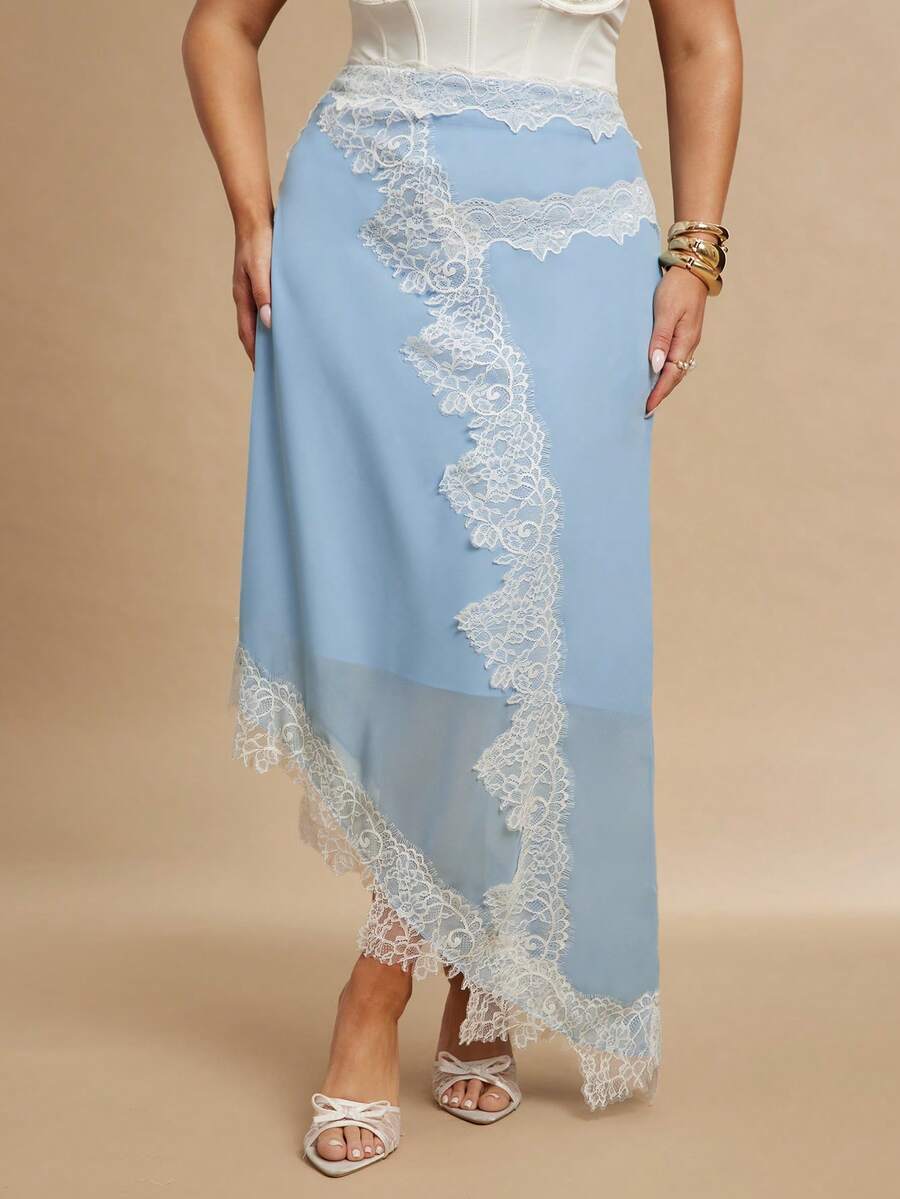 SHEIN BAE Váy nghỉ mát thanh lịch lãng mạn viền ren dành cho nữ cỡ lớn - Màu xanh nhạt - Xem 1