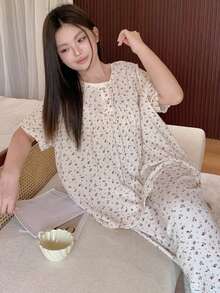 Dazy Plus Große Größen Damen Blumen-Chiffon Pyjama Set, Frühling/Sommer - Babypink - Übersicht 4