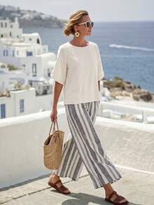 SHEIN LUNE Women's Holiday Casual Solid Color Top And Stripes Pants 2 Pieces Set Vacation Summer Two Piece For Women Co-Ord Matching Sets Outfit - Multicolor - View 3