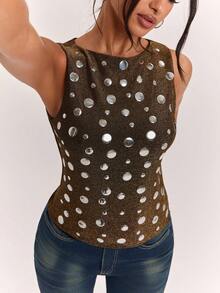 SHEIN BAE Women's Metal Plate Design Crew Neck Fitted Fashion Camisole - Black and Gold - View 1