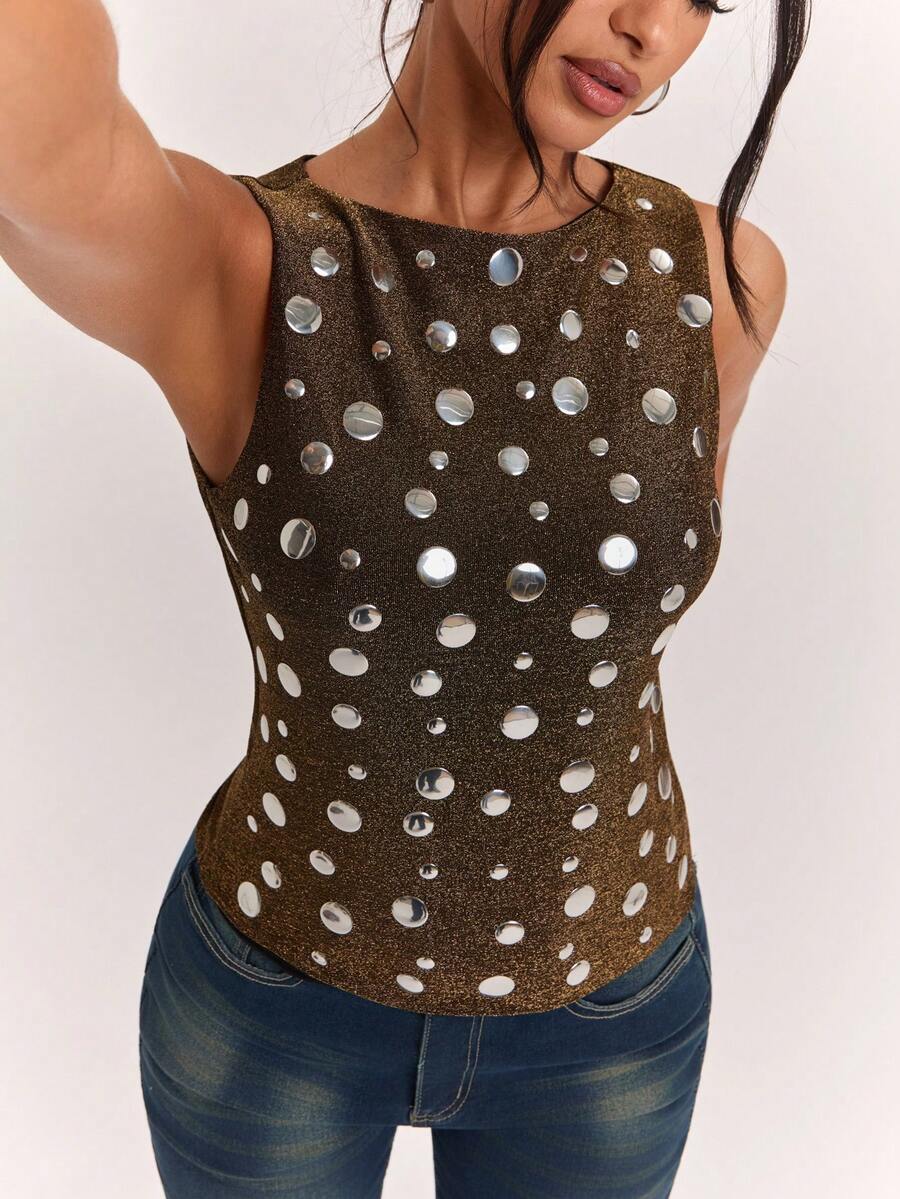 SHEIN BAE Women's Metal Plate Design Crew Neck Fitted Fashion Camisole - Black and Gold - View 1