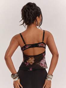 SHEIN BAE Elegantes Damen-Sommer-Camisole mit großem Blumenmuster, Tanktop, Party/Date Urlaub Strand Muster schwarze Blumen Vintage Y2K - Schwarz - Übersicht 2