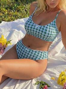 Plus Size Swim Mod Plaid Fabric Spaghetti Strap Bow Tie Tankini Bikini Set For Summer Beach Vacation - Green - View 3