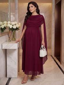 SHEIN Maternity Solid Color Pleated Casual Vacation Dress - Burgundy - View 3