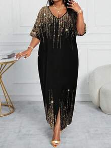 SHEIN Lady Váy dạ hội tay ngắn dệt kim nhiều màu sắc sang trọng cho dự tiệc đi làm văn phòng mùa xuân và mùa thu và mùa đông váy kaftan cỡ lớn - Vàng - Xem 3