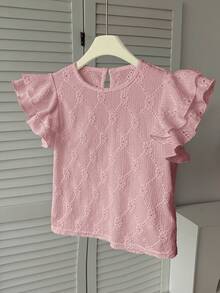 SHEIN Áo kiểu nữ màu trắng, chất liệu dệt họa tiết, cổ tròn, tay ngắn, xếp ly, ôm dáng, phong cách thường ngày, thanh lịch kiểu Pháp, thích hợp cho những chuyến đi chơi mùa xuân và chuẩn bị đi học. - Hồng - Xem 4