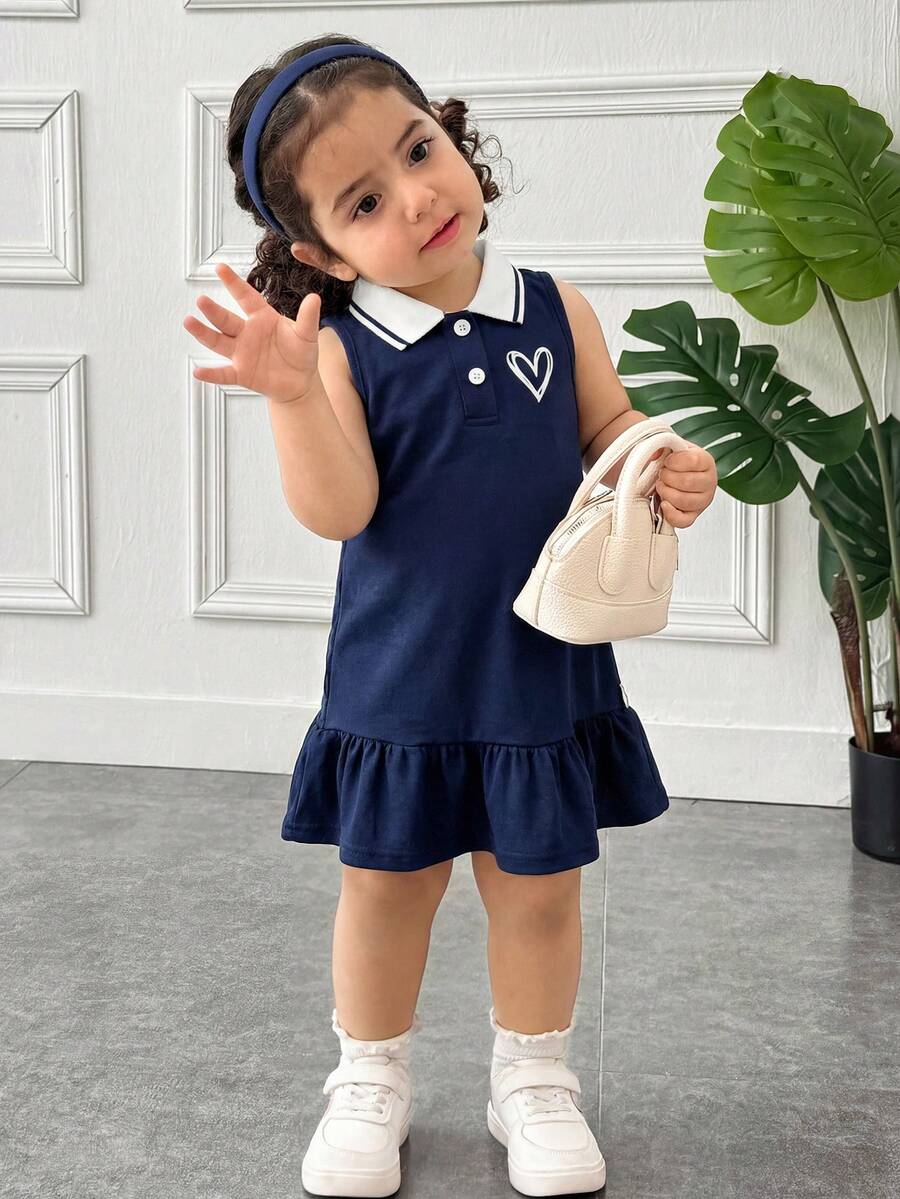 SHEIN Baby GirlNavy Sleeveless Dress, Fashionable Sleeveless Ruffle Hem Sundress - Multicolor - View 1