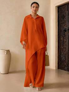 Vesra Women's Solid Color Long Top And Wide Leg Pants Casual 2 Pieces Set - Orange - View 3