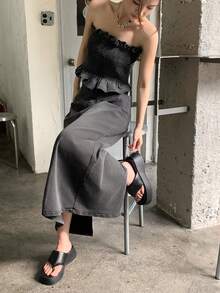 DAZY Women's Summer Casual Ruffle Bandeau Top & Denim Skirt Set - Black - View 6