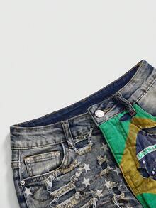 ROMWE Avant Women Vintage Millennium  World Cup Brazil Festa Junina Distressed Ripped Super Low-Waist Mini Denim Shorts - Blue - View 4