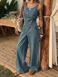 DAZY Bộ áo liền quần không tay cổ tròn dành cho nữ, bộ áo liền quần denim wash kiểu dáng thường ngày. - Màu xanh lam - Xem 4