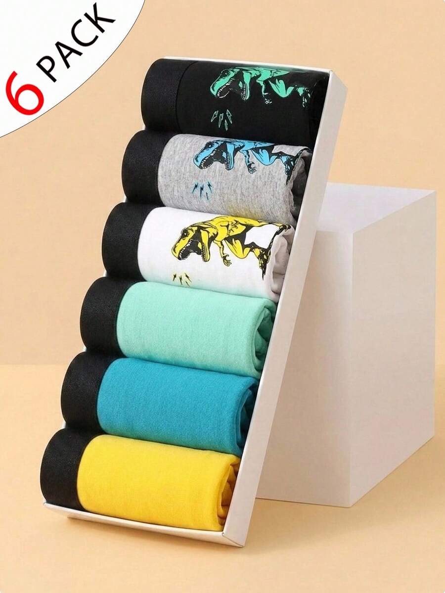 SHEIN 6条/包 男童简约撞色弹力腰带恐龙印花平角内裤