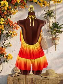 Amplova Setelan 2 Potong Gaya Boho Musim Panas Oranye dan Kuning untuk Liburan Pantai Tropis bagi Wanita, Rok Mini Camisole Pendek dengan Hem Bergelombang, Pakaian Bodycon untuk Festival, Pesta - Coklat - View 4