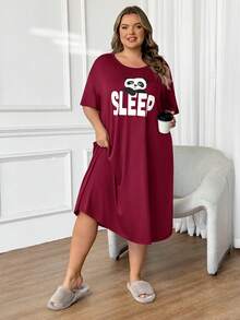 SHEIN CURVE+ 大码女式圆领字母卡通印花休闲派对连衣裙 - 酒紅色 - 查看 7
