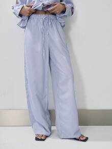 Nöista Conjunto de dos piezas a rayas con blusa de manga bordada con cuello mao, pliegue con volantes y bajo con volantes. Los pantalones anchos y relajados a juego tienen cintura elástica con cordón ajustable. Atuendo ideal para cada día, primavera, verano, Pascua, días festivos. - azul real - Ver 8
