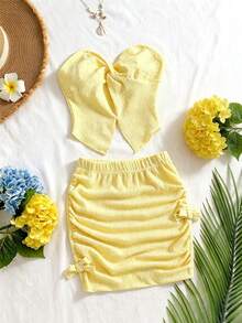 SHEIN Bộ áo hai dây xoắn phía trước và chân váy xếp ly thắt nơ dành cho bé gái tuổi teen, thích hợp cho kỳ nghỉ, đi chơi, du lịch và mặc hàng ngày vào mùa hè. - Màu vàng - Xem 1