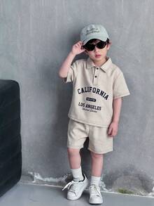 SHEIN 2pcs/Set Young Boys Casual College Style Letter Print Half-Zip Short Sleeve Shirt And Shorts Set,Comfortable Soft Fashion Summer School Outfits - Khaki - View 1