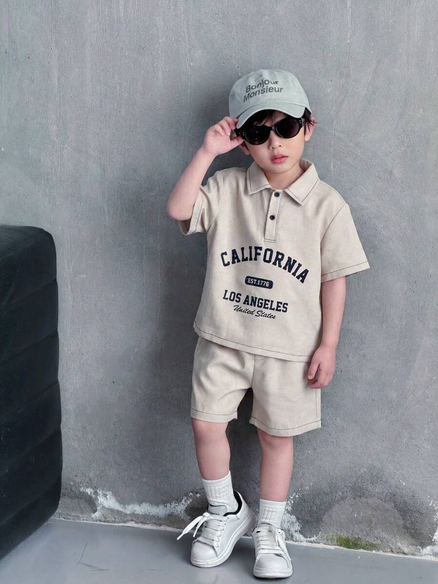 SHEIN 2pcs/Set Young Boys Casual College Style Letter Print Half-Zip Short Sleeve Shirt And Shorts Set,Comfortable Soft Fashion Summer School Outfits - Khaki - View 1