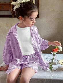 LMoss Kids Set 3 potong Baju Kasual Bergaris Tenun untuk Anak Perempuan, terdiri dari Kemeja, Kamisol, dan Celana Pendek - Purple - View 4