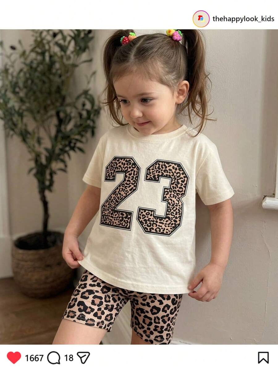 THE HAPPY LOOK Young Girl Leopard Print Numeric Pattern Knit Soft Round Neck Short Sleeve T-Shirt And Elastic Waist Shorts 2-Piece Set - Multicolor - View 1