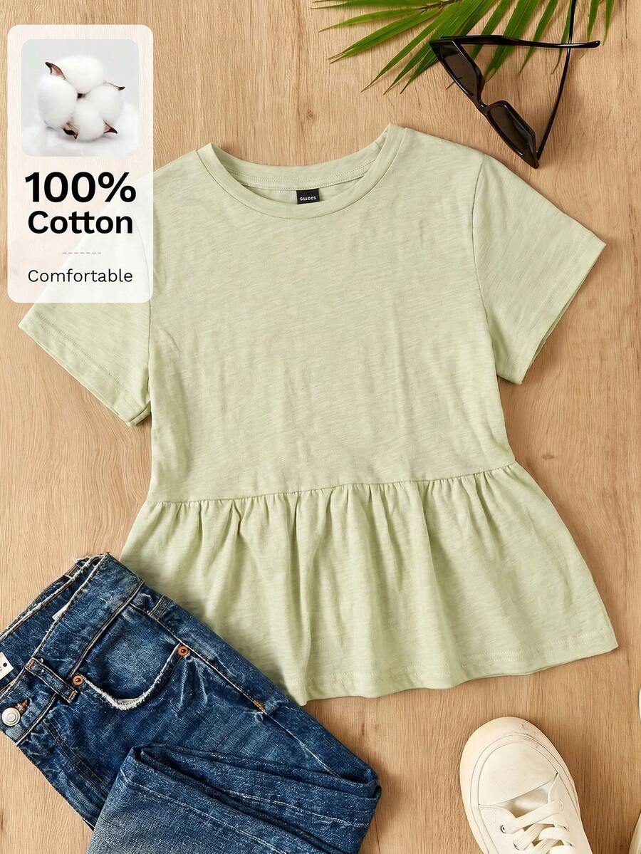 SHEIN EZwear 薄荷綠女款大尺碼圓領拼接 A 字版型純色棉質娃娃風 T恤 - 薄荷綠 - 查看 1