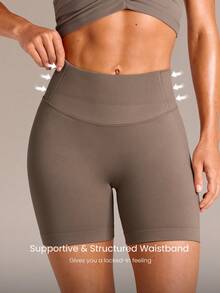 GLOWMODE Short de ciclista de cintura alta con doble capa, de ajuste moldeador, de 5 pulgadas, ultrasuave y sin costuras, con compresión y elevación del trasero, para entrenamiento de impacto medio, uso diario en el gimnasio y estudio - Caqui - Ver 6