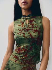 Nöista Nuevo conjunto de dos piezas sin mangas de estilo chino, en verde oscuro con una textura jaspeada, con un corte ajustado y un esquema de color vintage. Adecuado para primavera, verano y principios de otoño, es una sofisticada pieza de estilo chino que combina elegancia y moda. - Burdeos - Ver 3