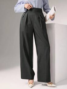 Heiryn Pantalones anchos de cintura alta plisados, elegantes y apropiados para ir al trabajo en otoño/invierno - Gris - Ver 3