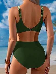 Swim Lushoire 女款夏季海灘熱帶植物印花性感比基尼泳衣套裝 - 軍綠色 - 查看 2