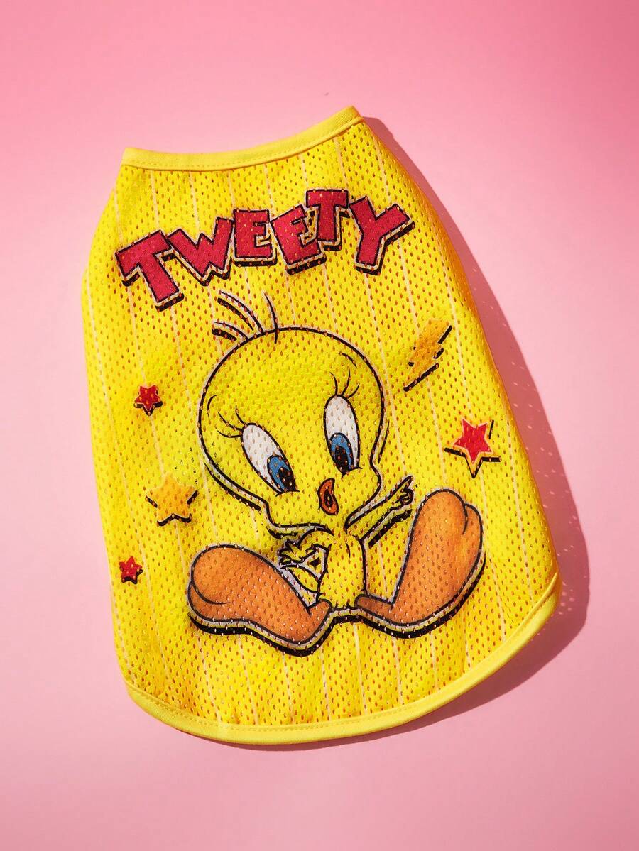 LOONEY TUNES X SHEIN 1 Piece Cartoon Pattern Printed Pet Vest, Sports Vest, Cat Clothes, Dog Clothes, Size XXS-XXXXL, Extra Small, Extra Large, Tweety. - Yellow - View 1
