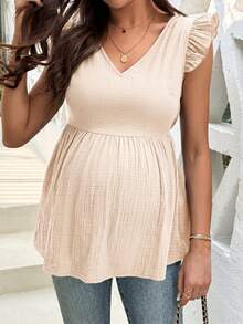 SHEIN Áo bầu cổ chữ V trơn, xếp ly, kiểu dáng thường ngày, đa năng. - Màu be - Xem 4