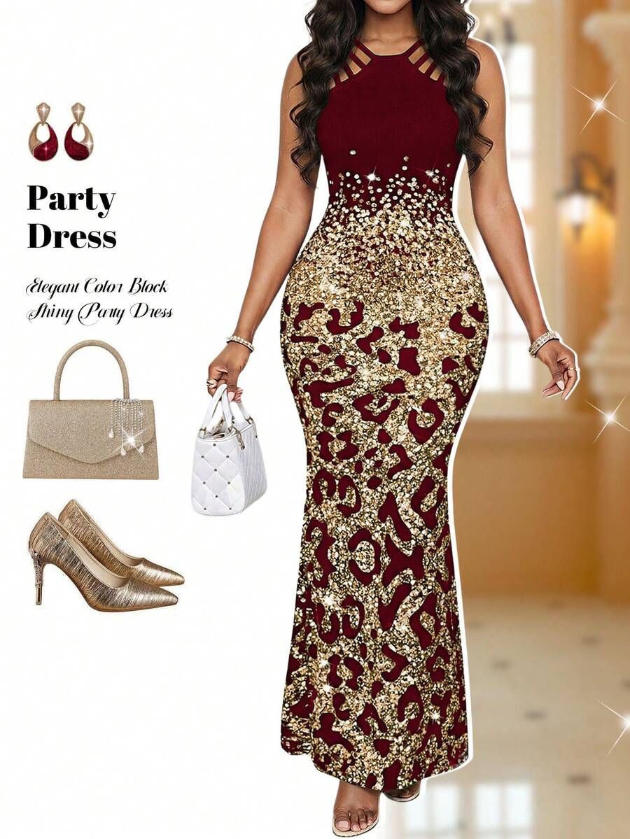Fleurora 2025 New Women's Elegant Leopard Print Fishtail Hem Burgundy Dress, Summer,Cheetah Print - Burgundy - View 1
