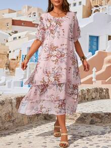 EMERY ROSE Plus Size Casual Dress, White Round Neck Unbutton Asymmetrical Flowy Hem, Bohemian Style, Suitable For Spring & Summer Summer Outfit For Women - Pink - View 1