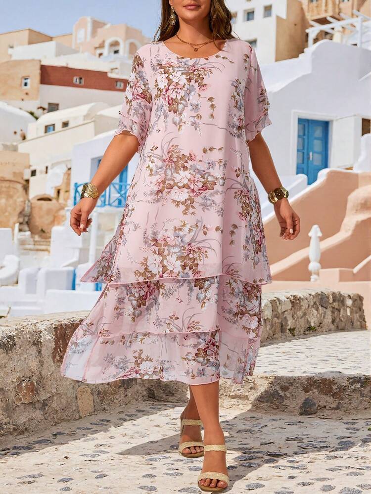 Plus Size Casual Dress, White Round Neck Unbutton Asymmetrical Flowy Hem, Bohemian Style, Suitable For Spring & Summer Summer Outfit For Women