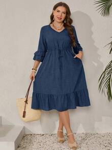 Miaspire Plus Size Women V-Neck Drawstring Waist Ruffle Hem Elegant Dress - Navy Blue - View 2
