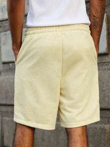 PAVTROS Men's Letter Print Drawstring Waist Casual Versatile Daily Wear Shorts, Holiday - Beige - View 2