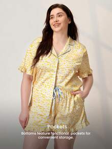 LUVLETTE Plus Size Women's Satin Yellow Printed Collared Button Short-Sleeved Top And Shorts Pajama Set Ruffled Collar & ShortSleeve Top Luxe Lounge Wear - Yellow - View 5